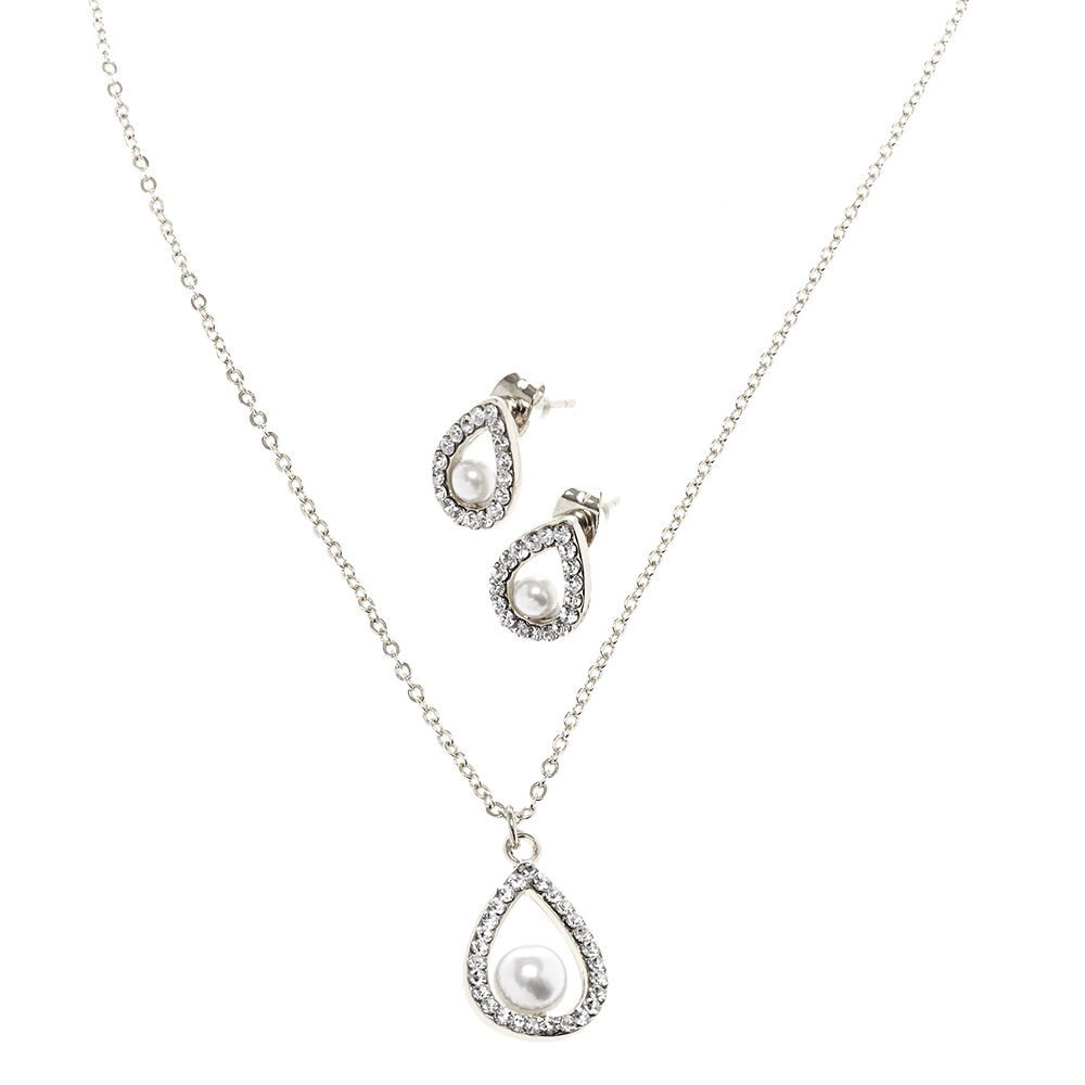 Silver Pearl Teardrop Pendant Necklace & Earring Set - 2 Pack,