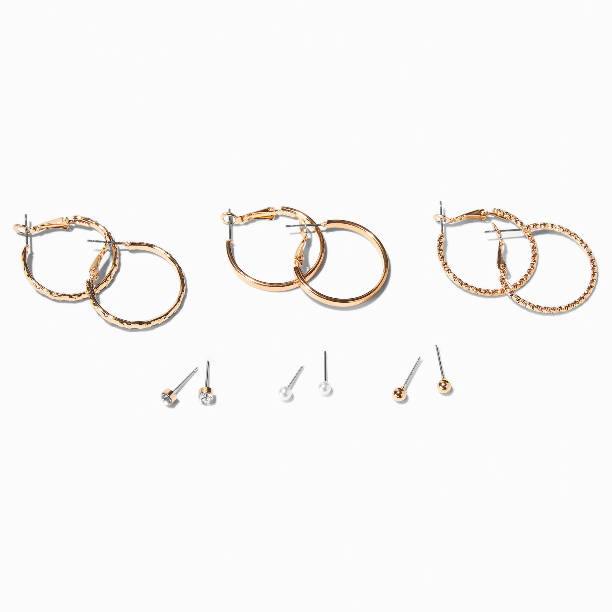 View Claires Textured Hoop Studs Earrings Set 6 Pack Gold information