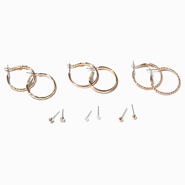 Gold-tone Textured Hoop &amp; Studs Earrings Set - 6 Pack,