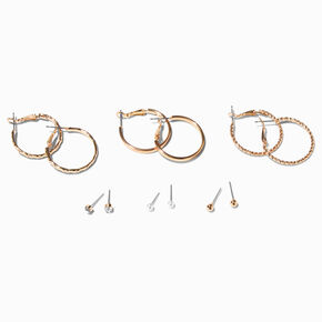 Gold Textured Hoop &amp; Studs Earrings Set - 6 Pack,