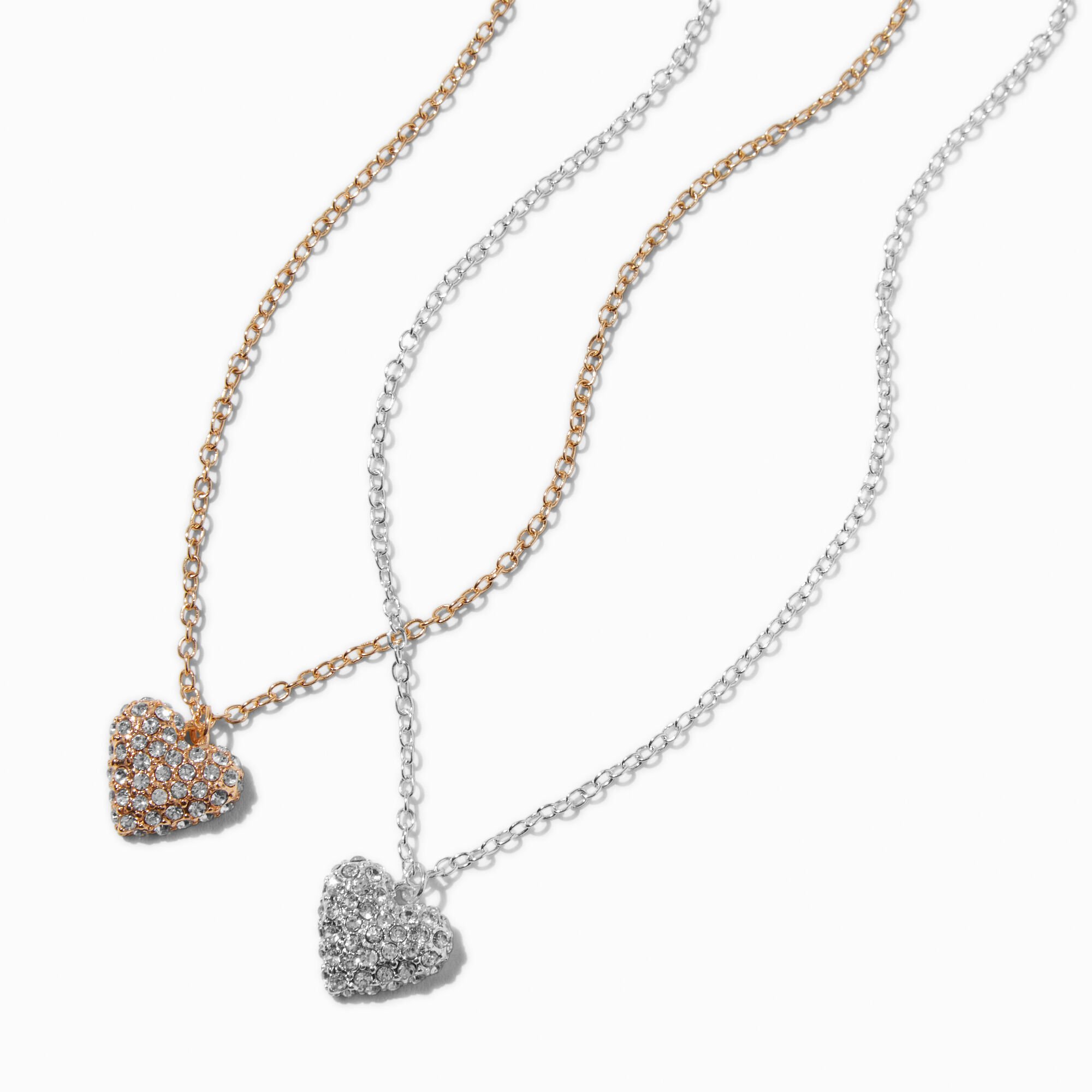 Mixed Metal Pavé Puffy Heart Pendant Necklace,
