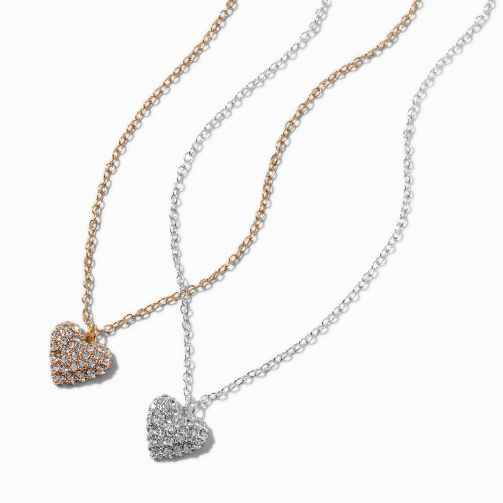 Mixed Metal Pav&eacute; Puffy Heart Pendant Necklace,