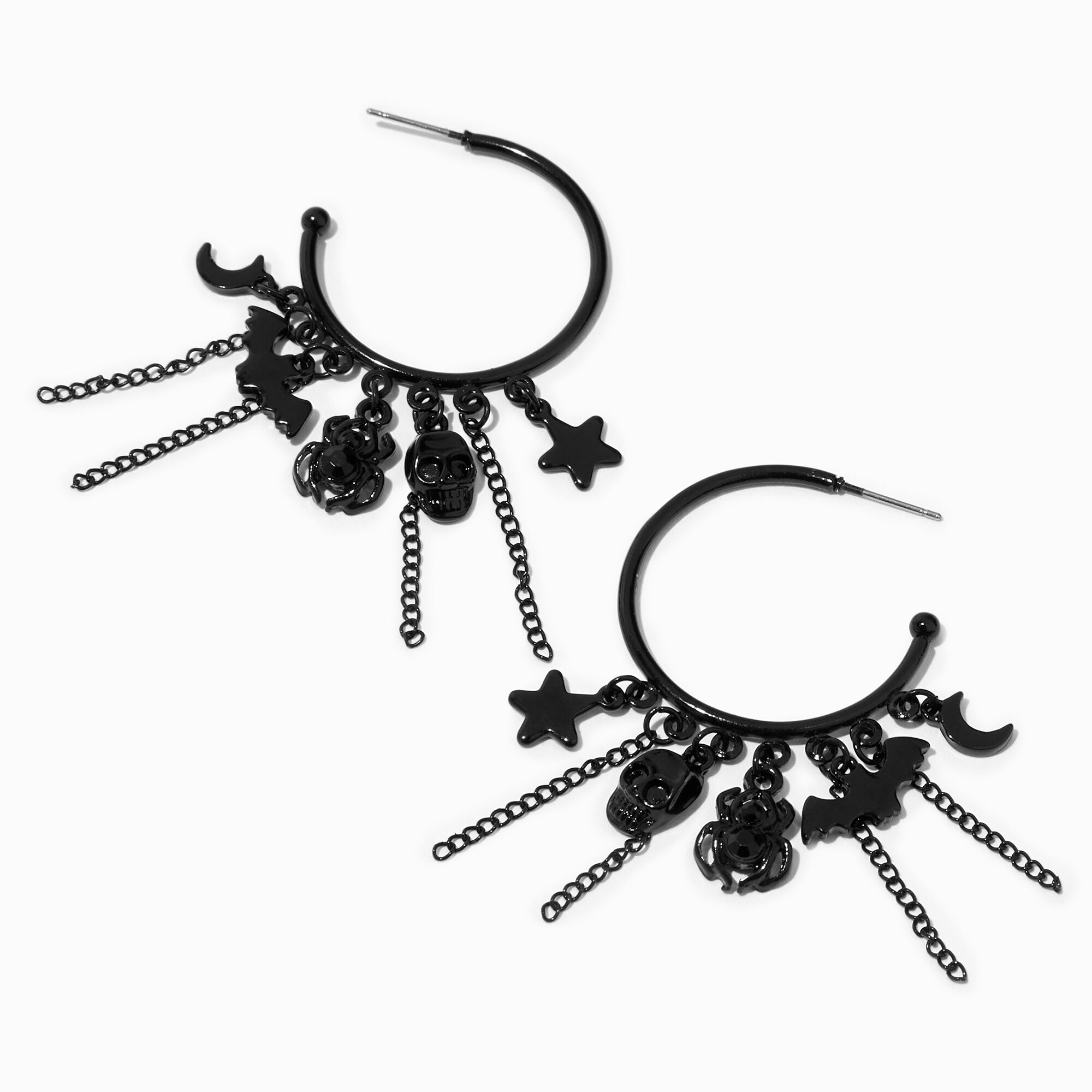 View Claires Spooky Charms Chain Fringe Hoop Earrings Black information