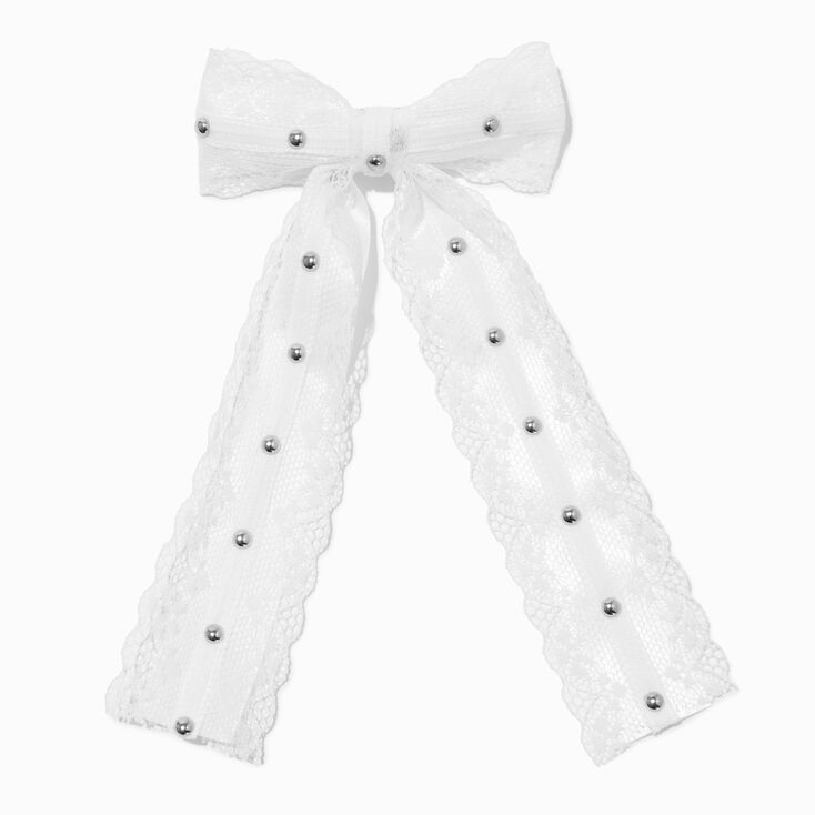 White Lace Studded Hair Bow Clip,