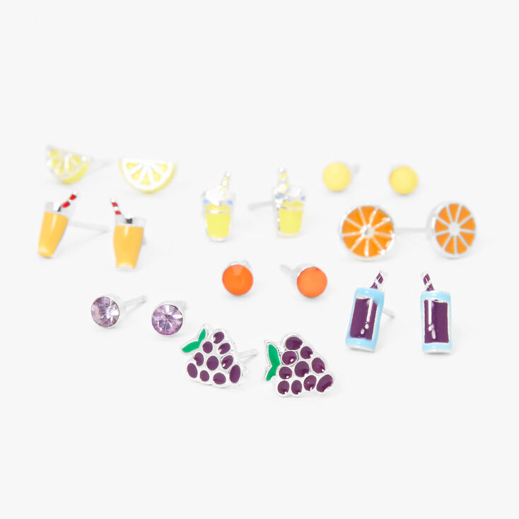 Silver Fruit Juice Stud Earrings - 9 Pack,