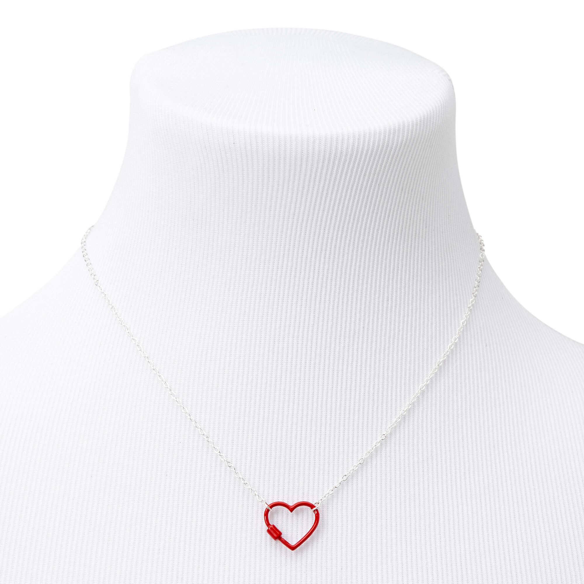 Silver Carabiner Heart Pendant Necklace - Red,