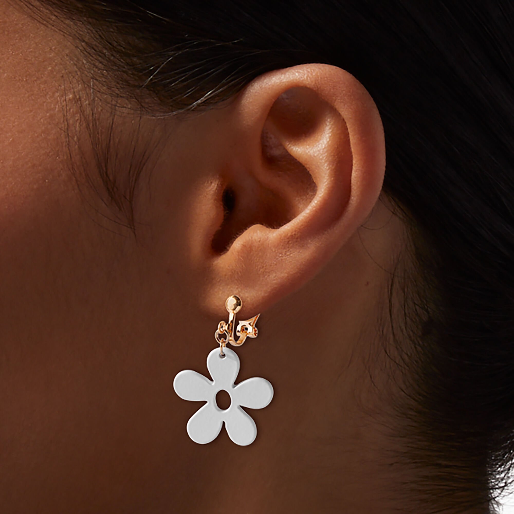 White Daisy Clip-On Drop Earrings,