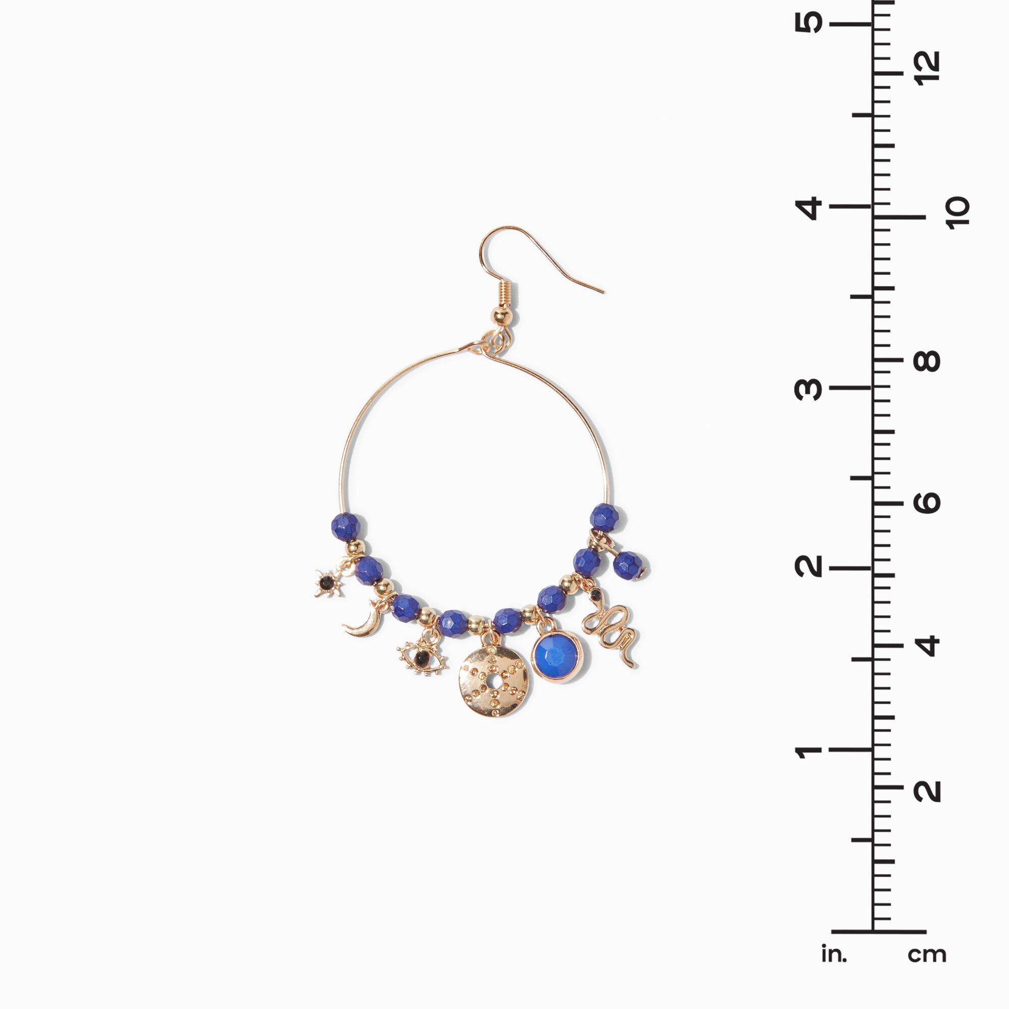Gold Snake Charm Blue Bead 2" Hoop Earrings,
