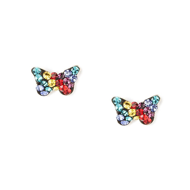 Sterling Silver Rainbow Crystal Butterfly Stud Earrings,