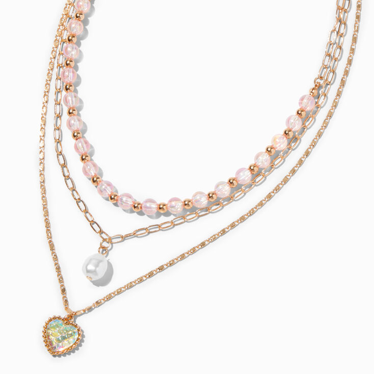 Collier multi-rangs c&oelig;ur iridescent sir&egrave;ne couleur dor&eacute;e,