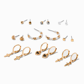 Gold-tone Pearl &amp; Crosses Stackables Earring Set - 9 Pack,