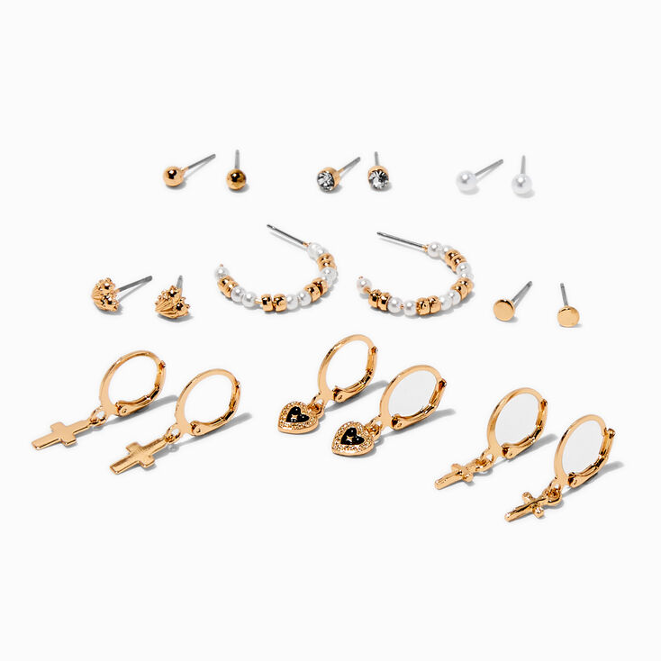 Gold-tone Pearl &amp; Crosses Stackables Earring Set - 9 Pack,