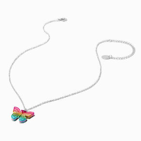 Silver-tone Anodized Rainbow Butterfly Pendant Necklace,