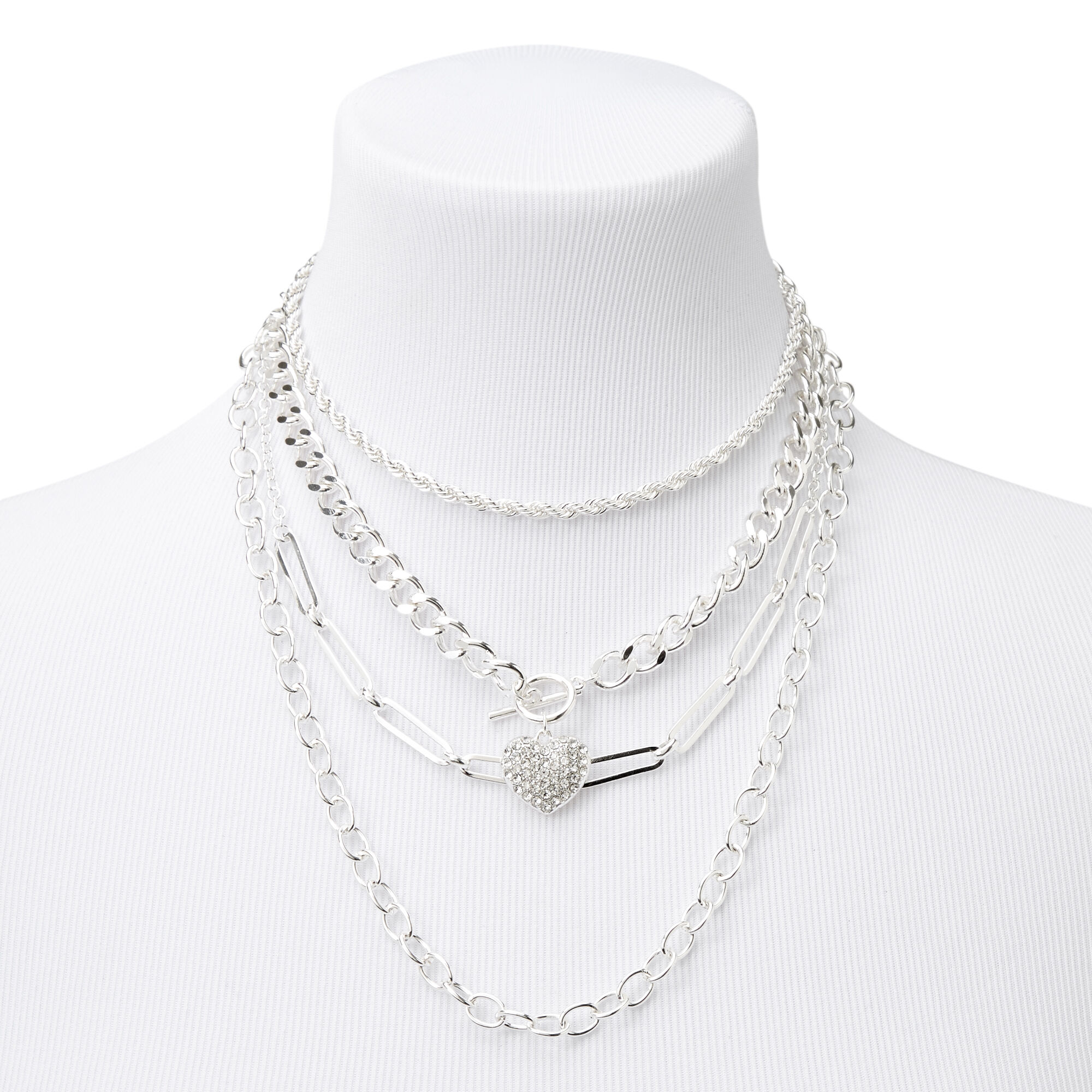 Collier multi-rangs à chaîne avec fermoir en T et cœur couleur argentée,