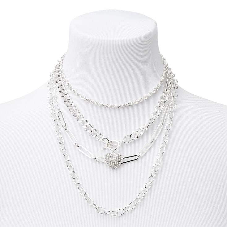 Collier multi-rangs &agrave; cha&icirc;ne avec fermoir en T et c&oelig;ur couleur argent&eacute;e,