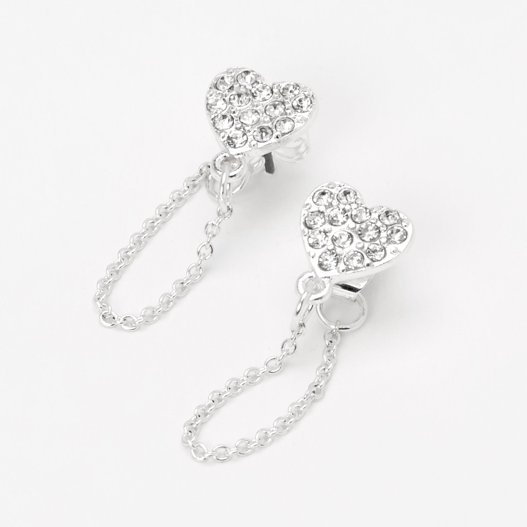 Claire's Clous d'oreilles devant-derrière avec chaîne cœur couleur argentée