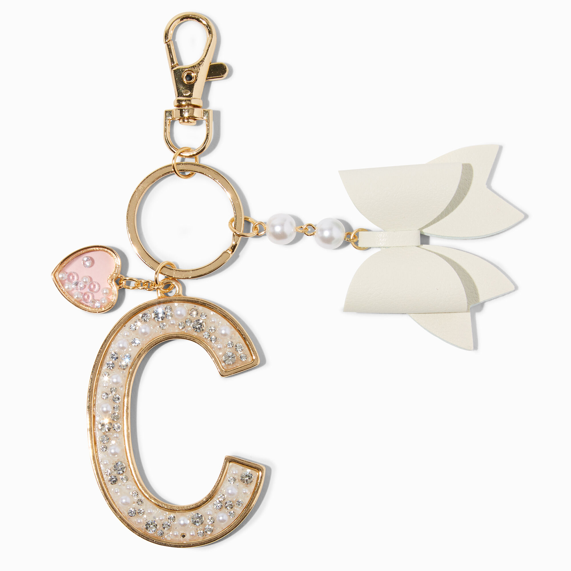 View Claires Pearl Crystal Tone Initial Keychain C Gold information