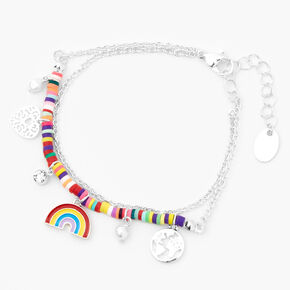 Silver Rainbow Disc &amp; Mixed Charm Double Chain Bracelet,