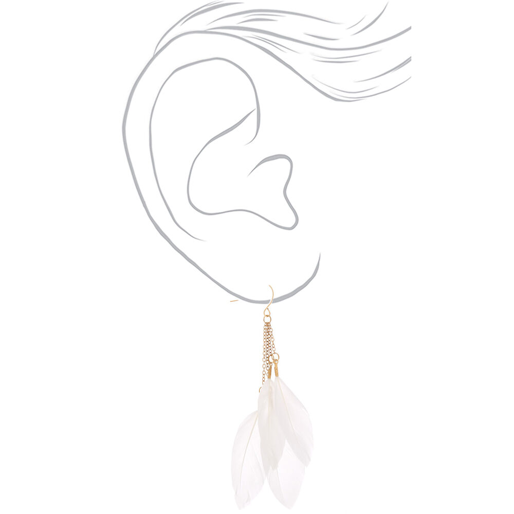 Gold 3" Feather Drop Earrings - White,