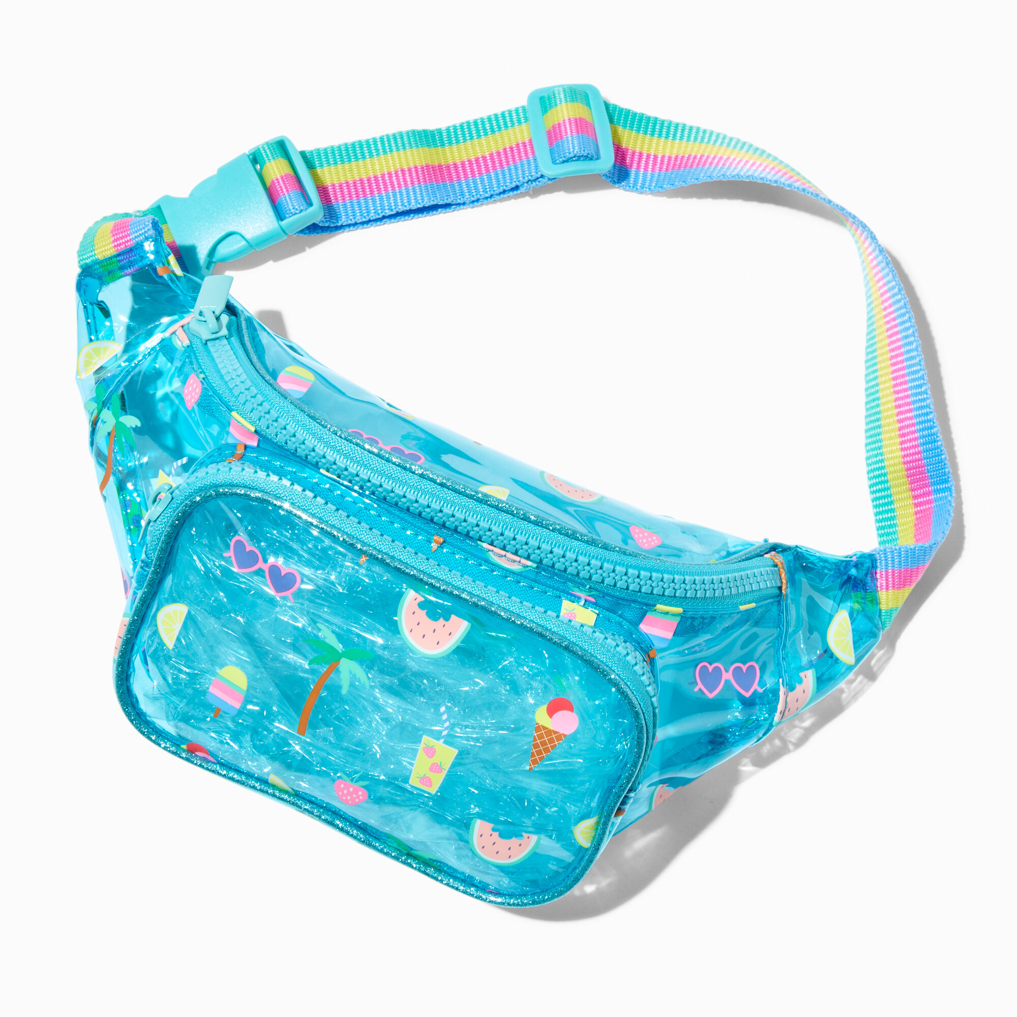 Sac banane bleu transparent icones estivales Claire s FR