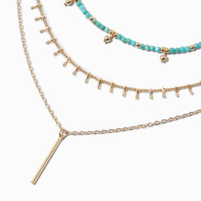 Gold-tone Stick Pendant Turquoise Beaded Multi-Strand Necklace,