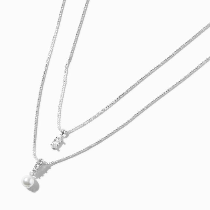 Silver-tone Double Cubic Zirconia &amp; Pearl Multi-Strand Necklace ,