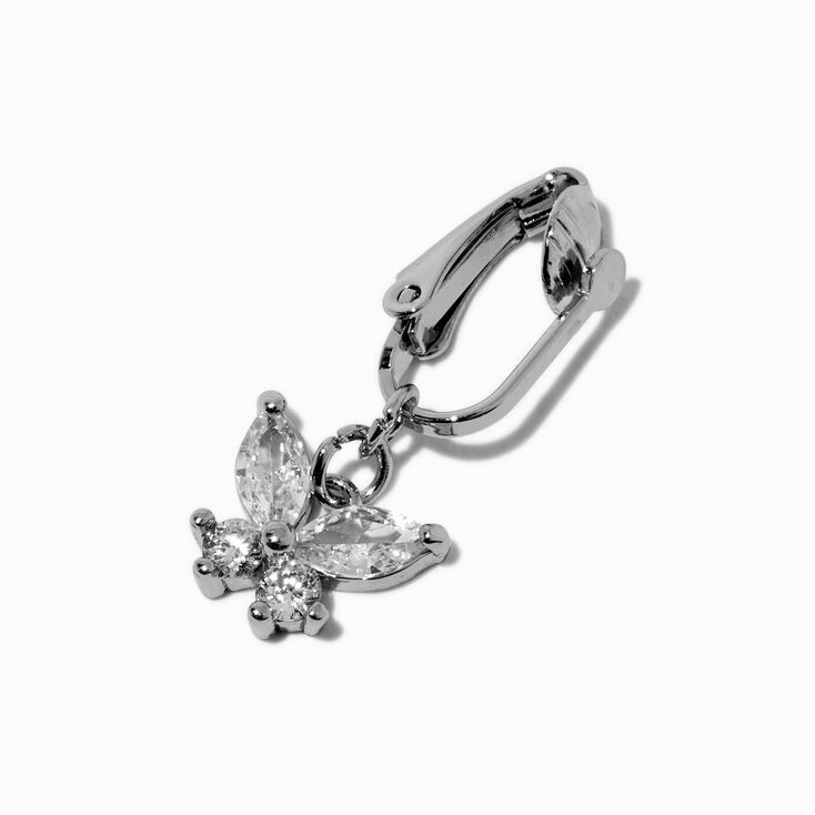 Silver-tone Crystal Butterfly Clip-On Faux Belly Ring,
