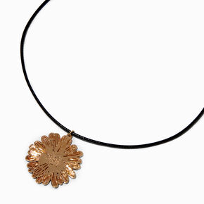 Gold-tone Sketched Flower Black Cord Pendant Necklace,