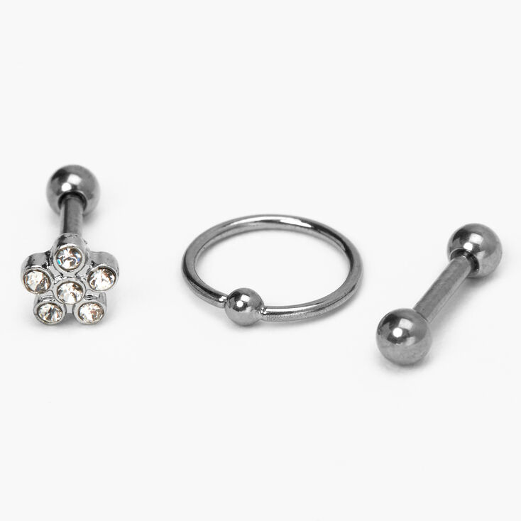 Silver 16G &amp; 20G Fireball Flower Tragus Earrings - 3 Pack,