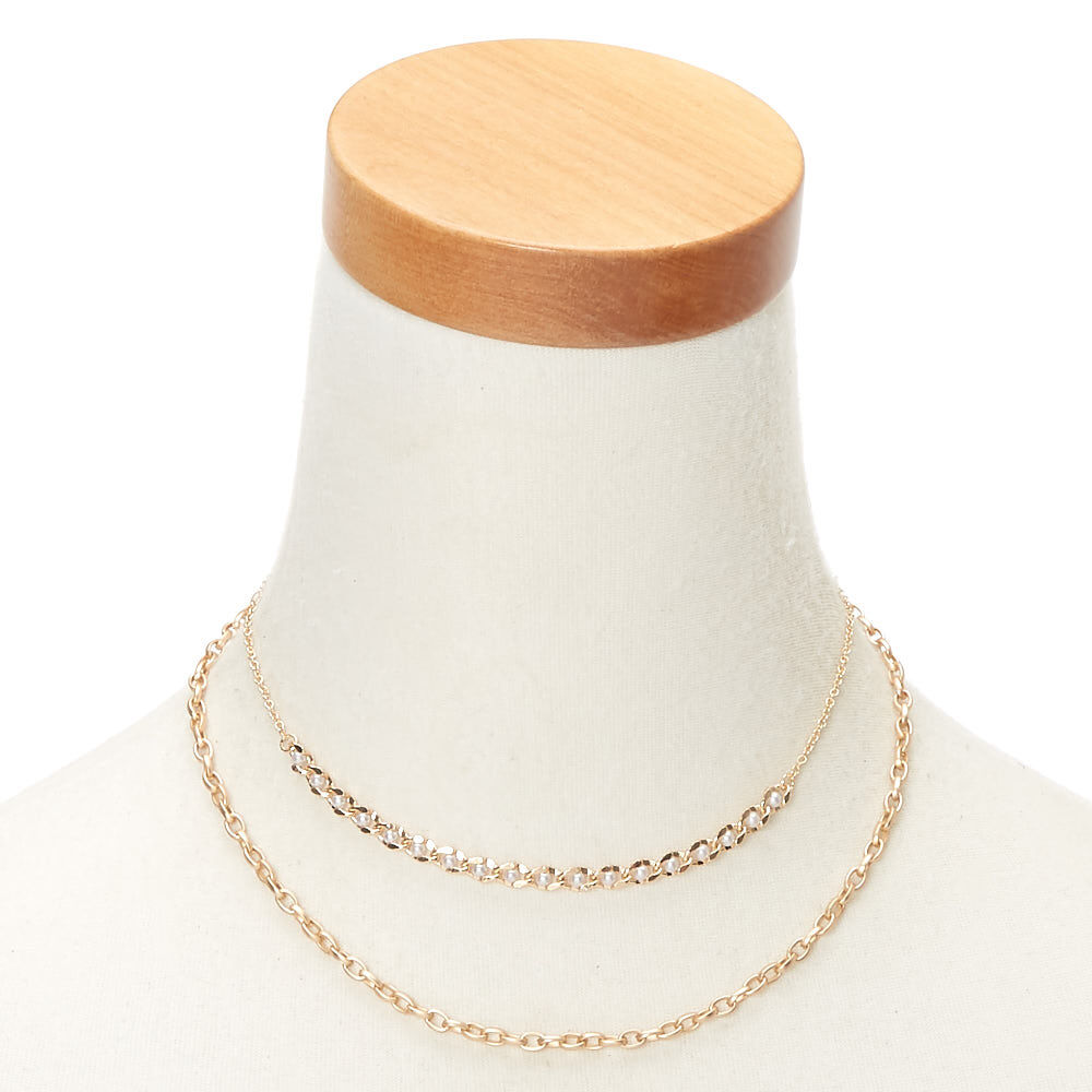Gold Pearl Double Chain Statement Necklace,
