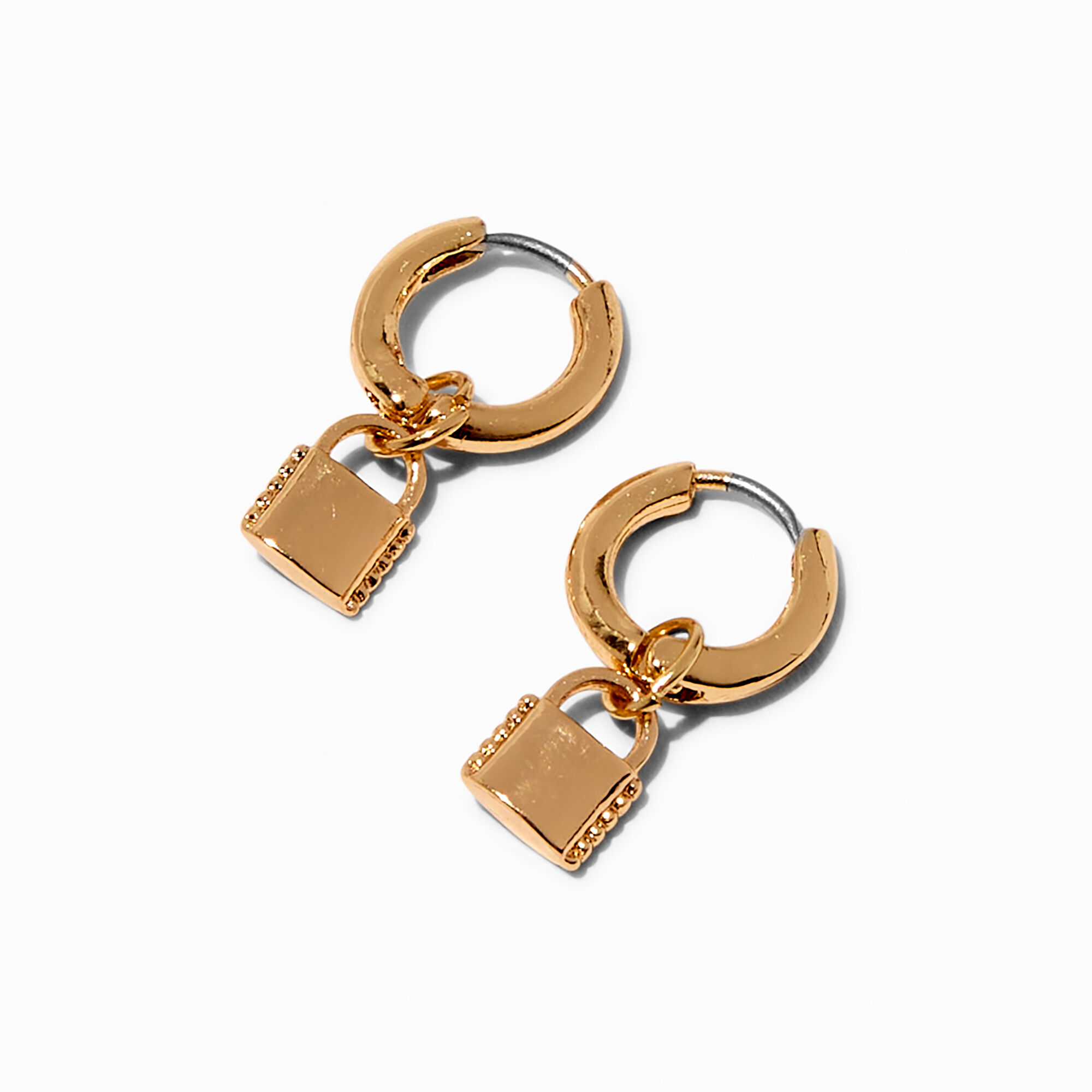 View Claires Lock Charm Tone 05 Drop Earrings Gold information