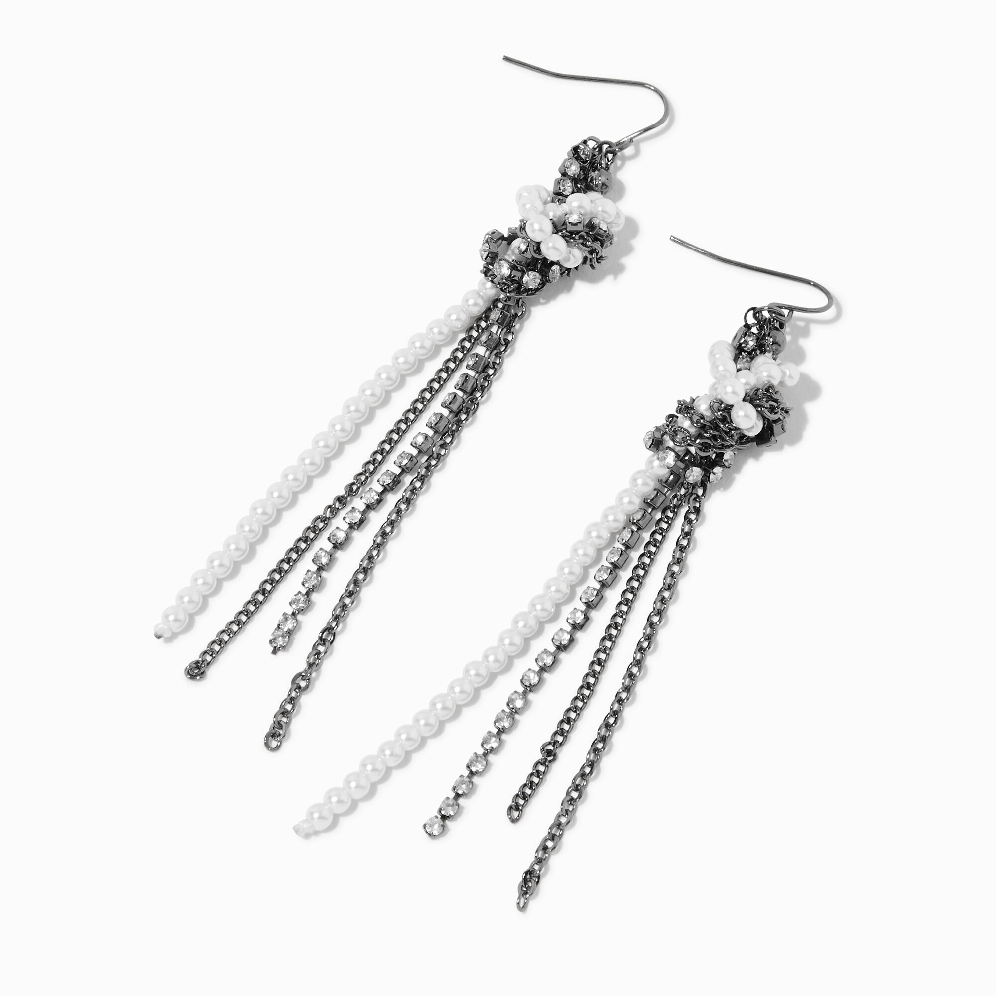 View Claires Pearl Knot Chain Fringe 35 Linear Drop Earrings Silver information