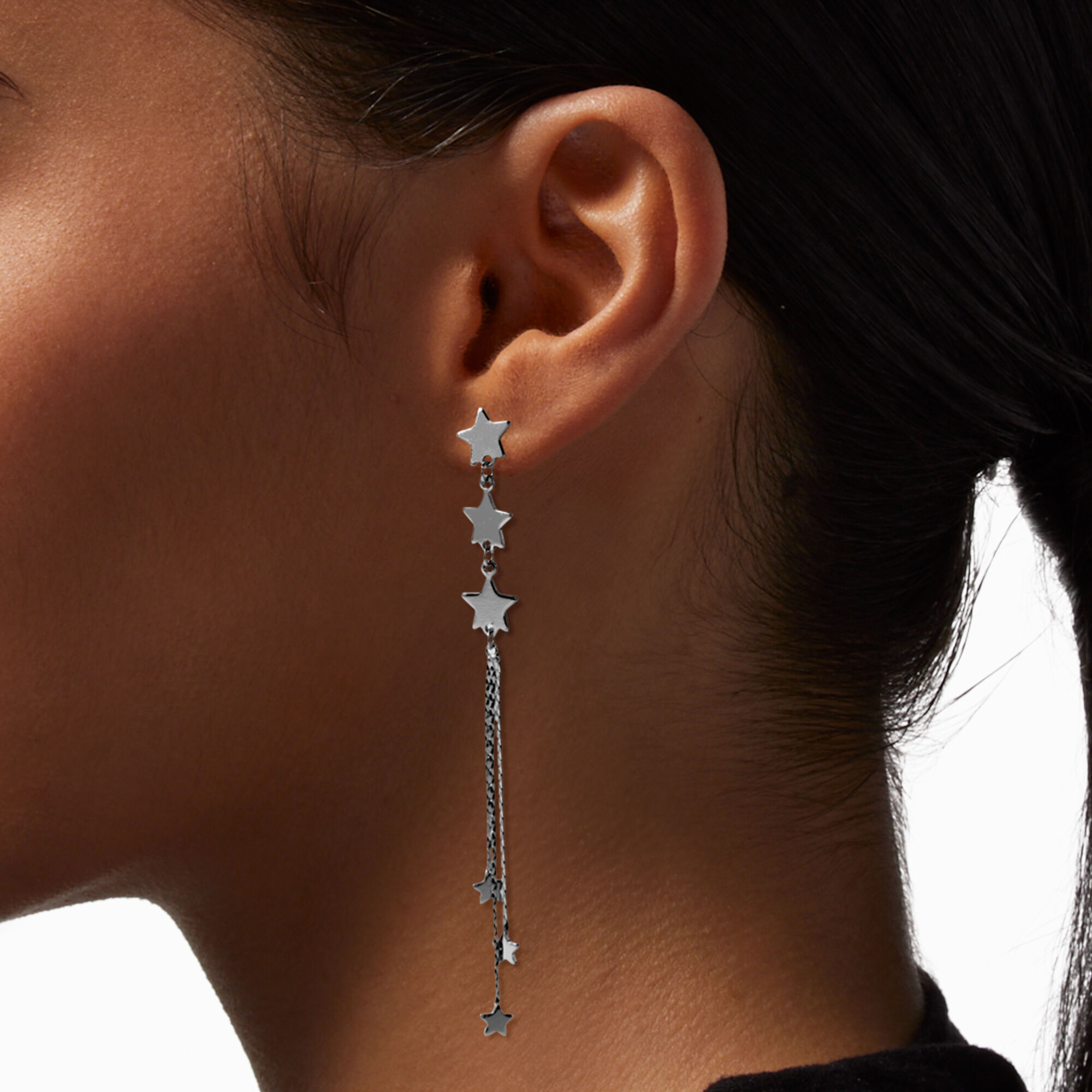 Silver-tone Star Fringe 3" Drop Earrings,