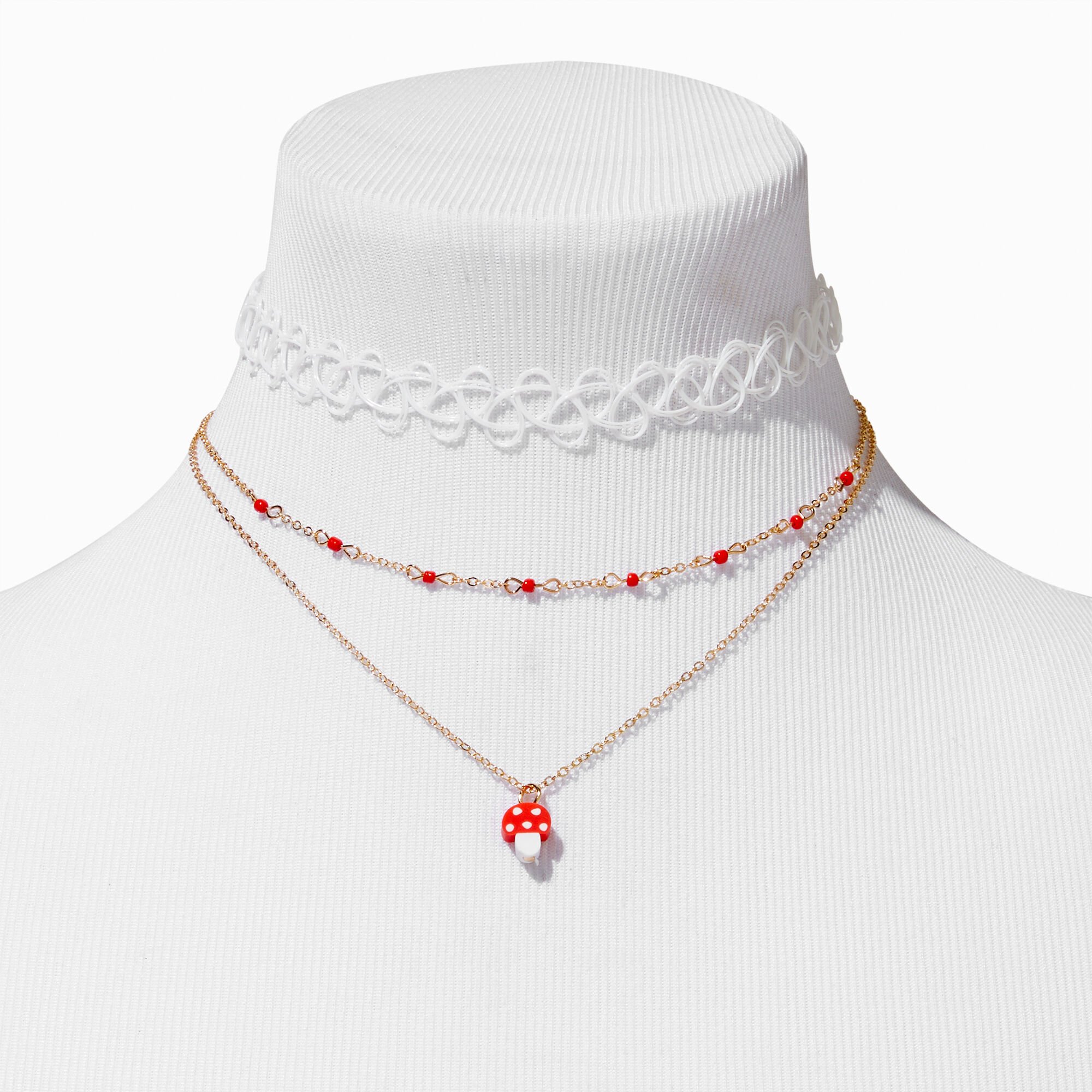 Red Mushroom Charm Multi-Strand & White Tattoo Choker Necklaces - 2 Pack,