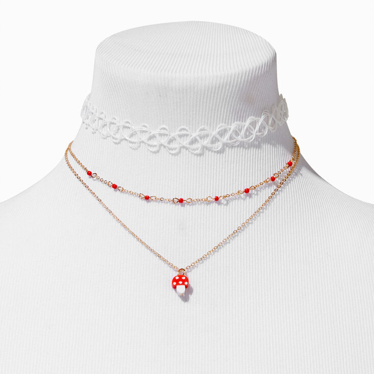 Red Mushroom Charm Multi-Strand &amp; White Tattoo Choker Necklaces - 2 Pack,