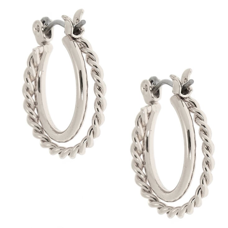 Silver-tone 15MM Braided Double Hoop Earrings,