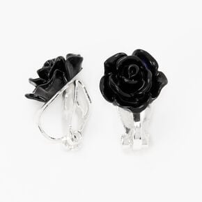 Carved Rose Clip On Drop Earrings - Black,