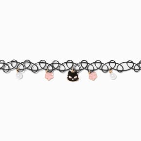 Black Cat Pink Flower Charm Tattoo Choker Necklace,