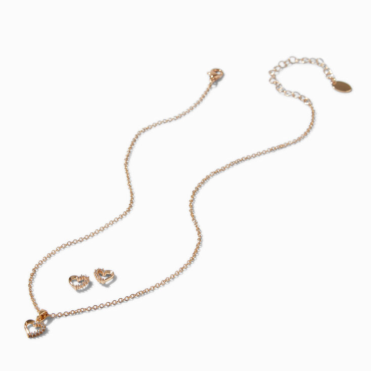 Gold-tone Cubic Zirconia Heart Pendant Necklace &amp; Stud Earrings Set ,