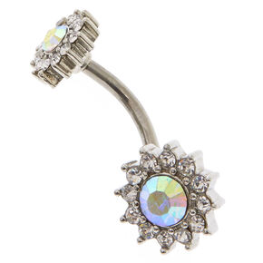 Piercing de nombril design floral halo en pierre iris&eacute;e couleur argent&eacute;,