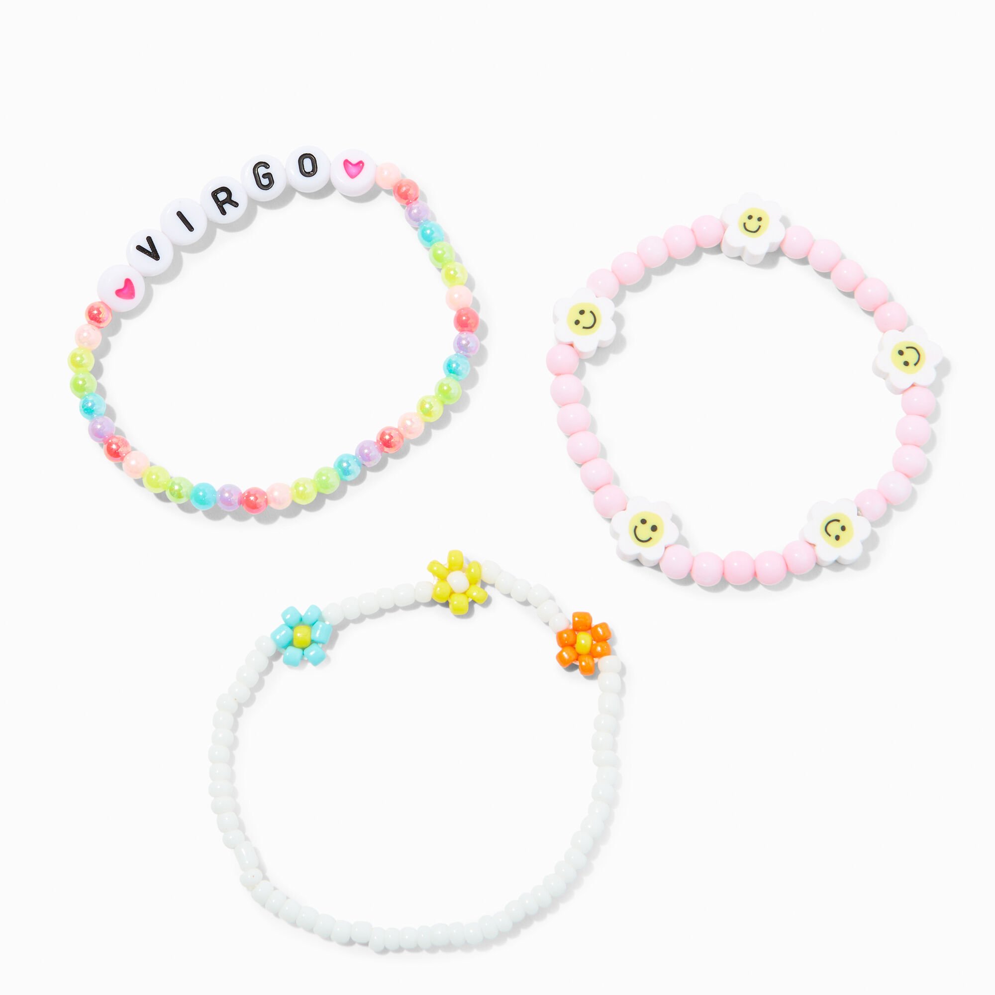 View Claires Zodiac Daisy Happy Face Beaded Stretch Bracelets 3 Pack Virgo White information