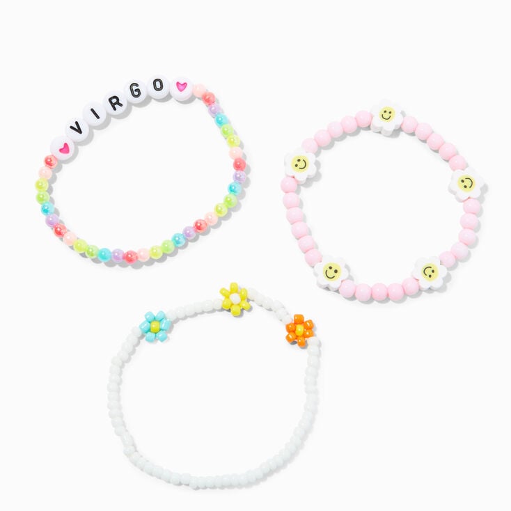 Zodiac Daisy Happy Face Beaded Stretch Bracelets - 3 Pack, Virgo,