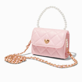Claire&#39;s Club Pink Quilted Pearl Crossbody Bag,