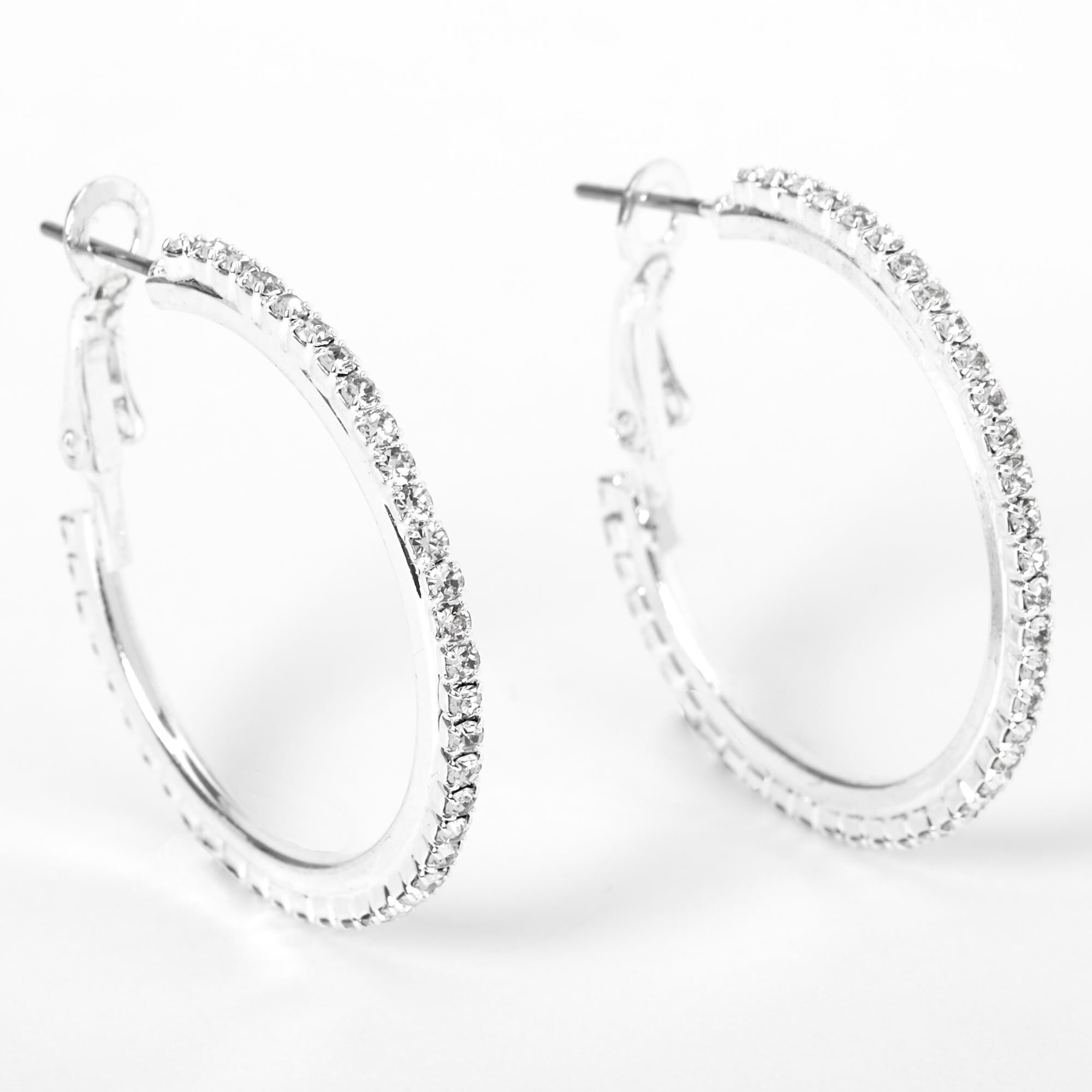 Silver 30MM Rhinestone Hoop Earrings