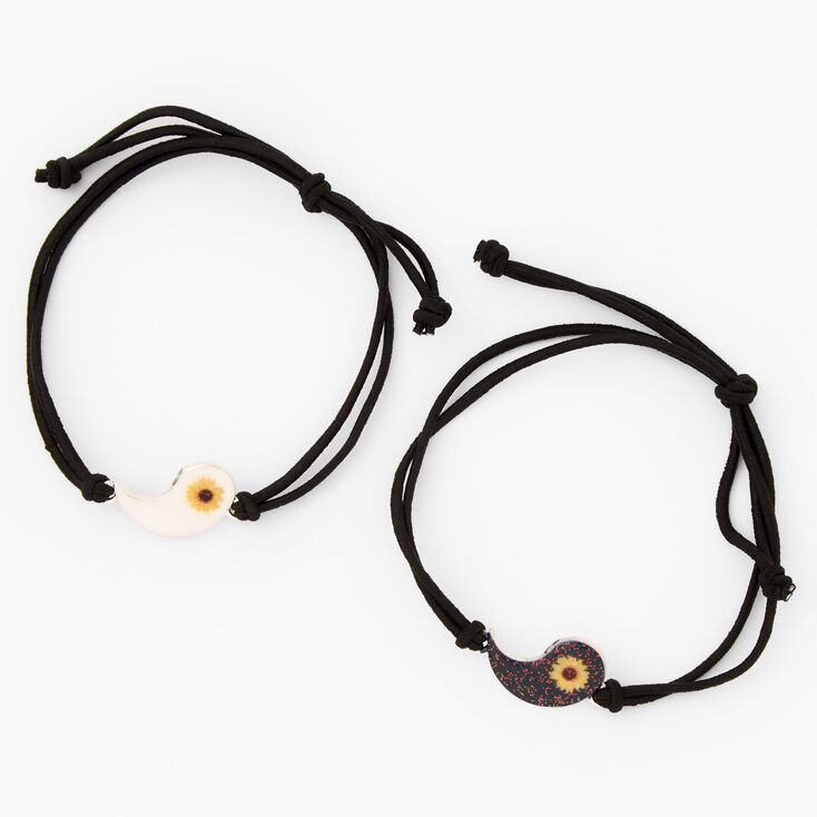 Black Yin Yang Sunflower Adjustable Cord Friendship Bracelets - 2 Pack,