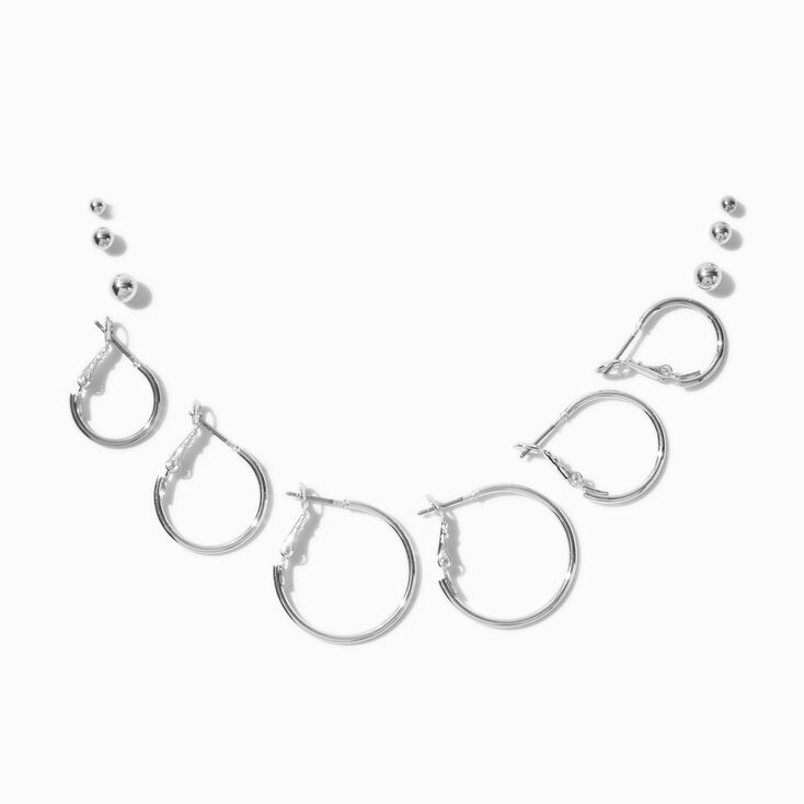 Boucles d&rsquo;oreilles empilables cr&eacute;oles et boules de tailles graduelles couleur argent&eacute;e - Lot de 6,