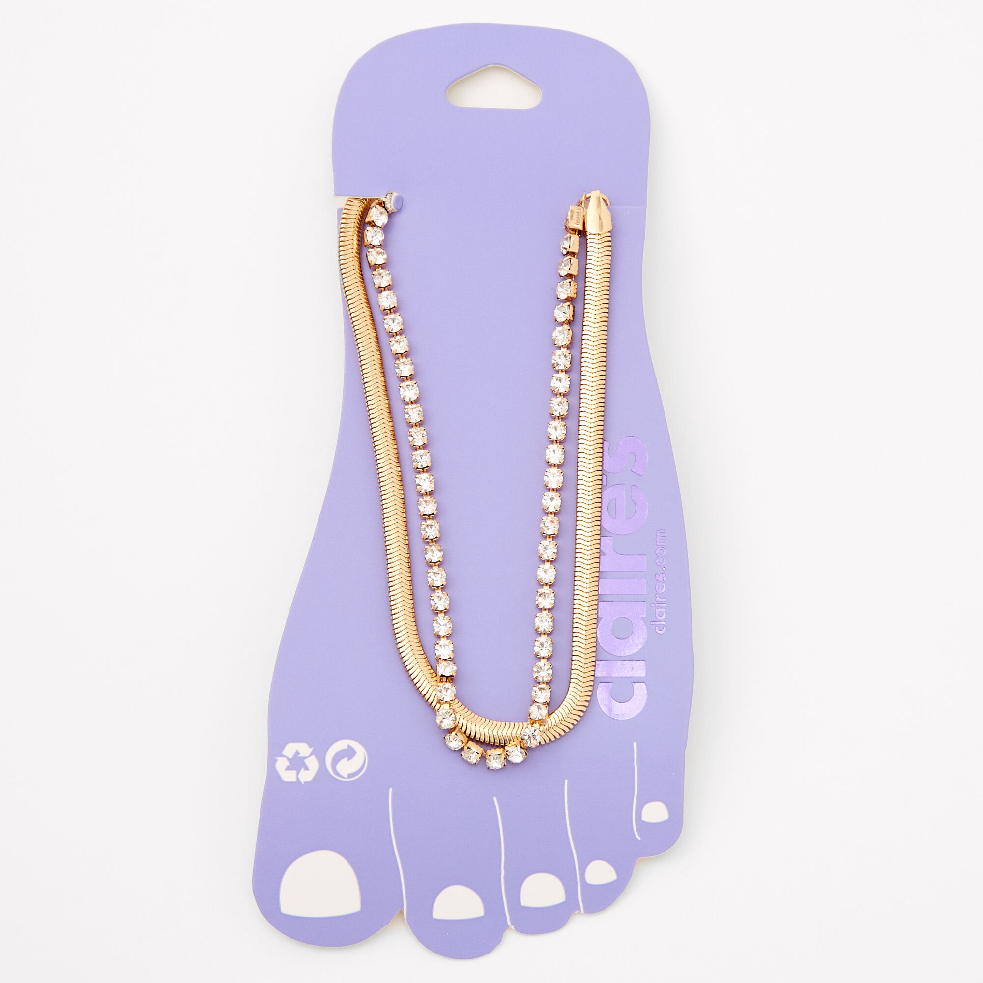 Gold Snake Chain & Rhinestone Multi Strand Anklet,