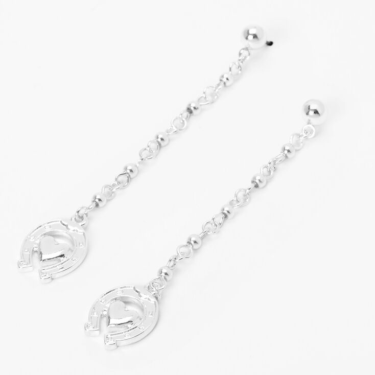 Silver Horseshoe Luck Heart 3&quot; Linear Drop Earrings,