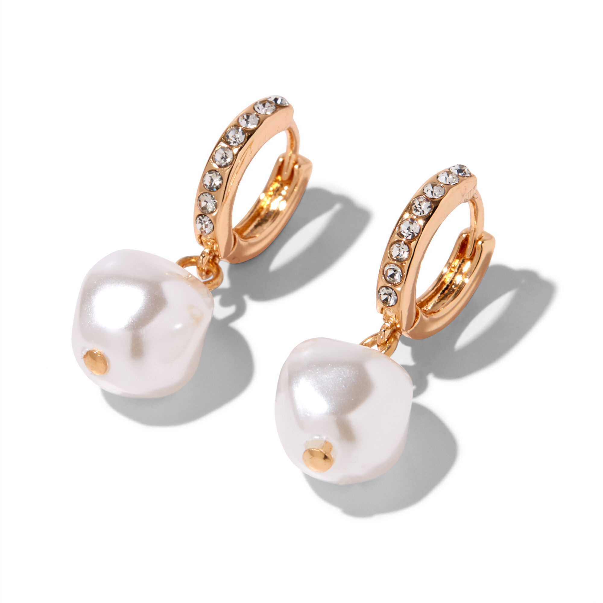 View Claires 10MM Pearl Huggie Hoop Earrings Gold information