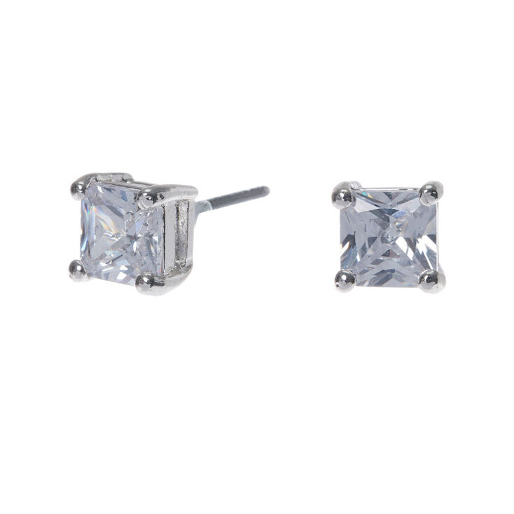 Silver Cubic Zirconia Square Stud Earrings - 5MM,
